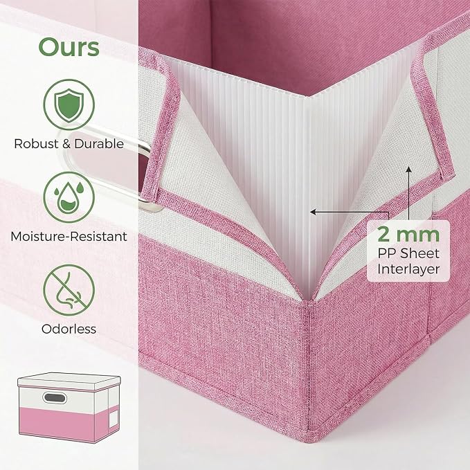 Storage Bins with Lids [3-Pack] Linen Fabric Foldable Storage Boxes Organizer Containers Baskets Cube with Cover for Bedroom Closet Office Pink&White（11.4X8.6X6.7 - Image 4