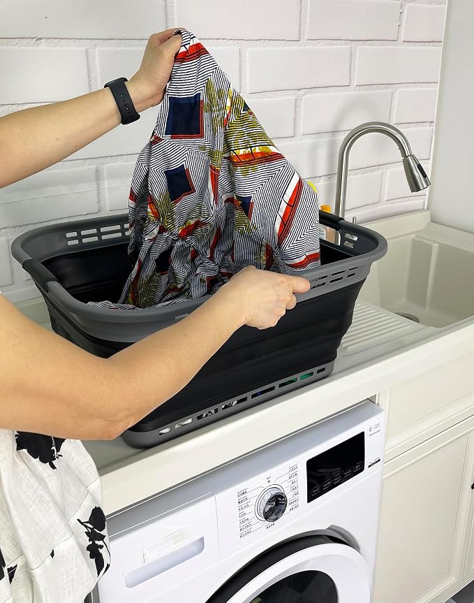 SAMMART 42L (11 Gallons) Collapsible Plastic Laundry Basket - Foldable Pop Up Storage Container/Organizer - Portable Washing Tub - Space Saving Hamper/Basket [BPA Free] (Grey/Black (Set of 2)) - Image 4