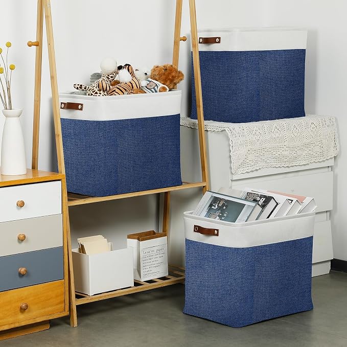 DULLEMELO 51L Large Baskets for Storage, Large Rectangular Baskets for Shelves [3 Pack], Blanket Basket Dog Basket for Organizing Closet, Nursery, Clothes (White&Blue) - Image 4