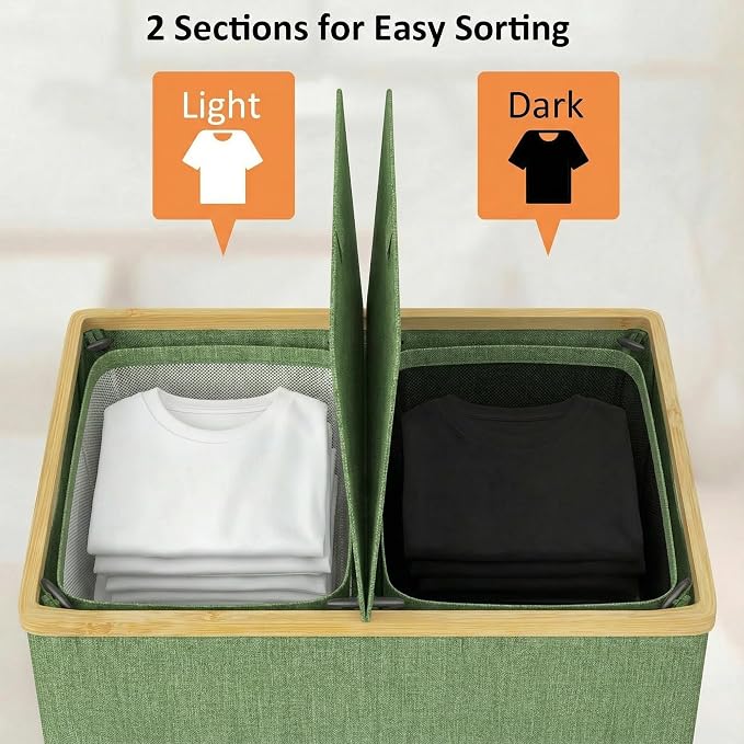 efluky Laundry Hamper with Lid, Double Laundry Basket with 2 Removable Bags, 2 Section Laundry Bin with Bamboo Handles for Bathroom, Bedroom & Laundry Room, 140L (36.9 Gallon) Sage Green - Image 2