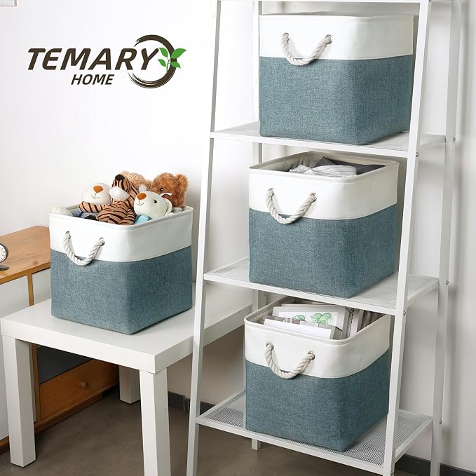 Temary 12 Inch Cube Storage Baskets 4 Pack Fabric Storage Bin for Organizing, Shelf Baskets for Home Office Closet, Collapsible Cube Storage Bins (White&Dark Green) - Image 6