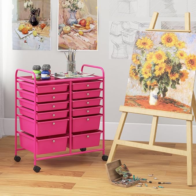 Giantex 12 Drawer Rolling Storage Cart Tools Scrapbook Paper Office School Organizer (Hot Pink) - Image 9