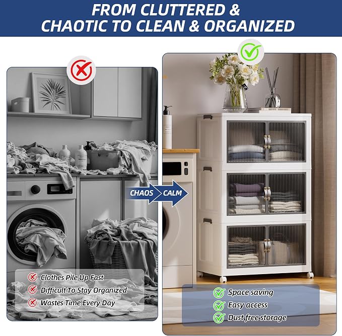 SAILUN 348Qt Stackable Storage Bins,Storage Cabinet with a Lid,3 Pack White | Stackable Storage Drawers with Lids,26" W x 17" D x 43.7" H,Featuring open-front Access for Clothes and Closet Storage - Image 2