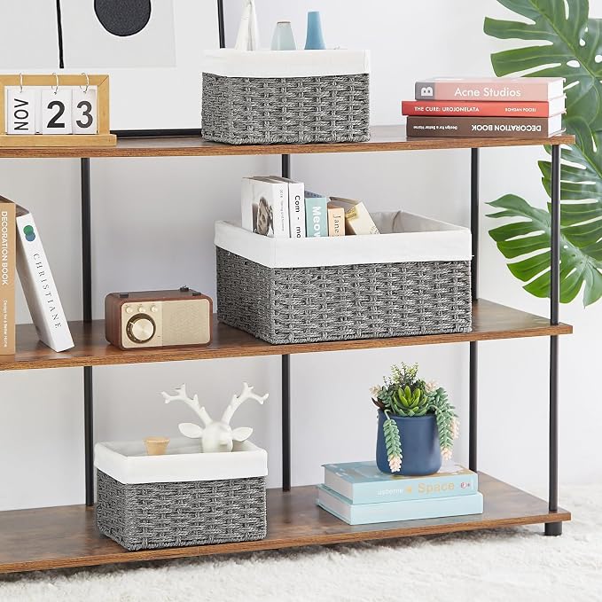 Wicker Basket, Set of 3 Hand-woven Storage Baskets for Organizing, Decorative Rectangle Wicker Storage Basket Bins with Handles, Small Toilet Paper Storage Baskets for Shelves & Decor, Grey - Image 5