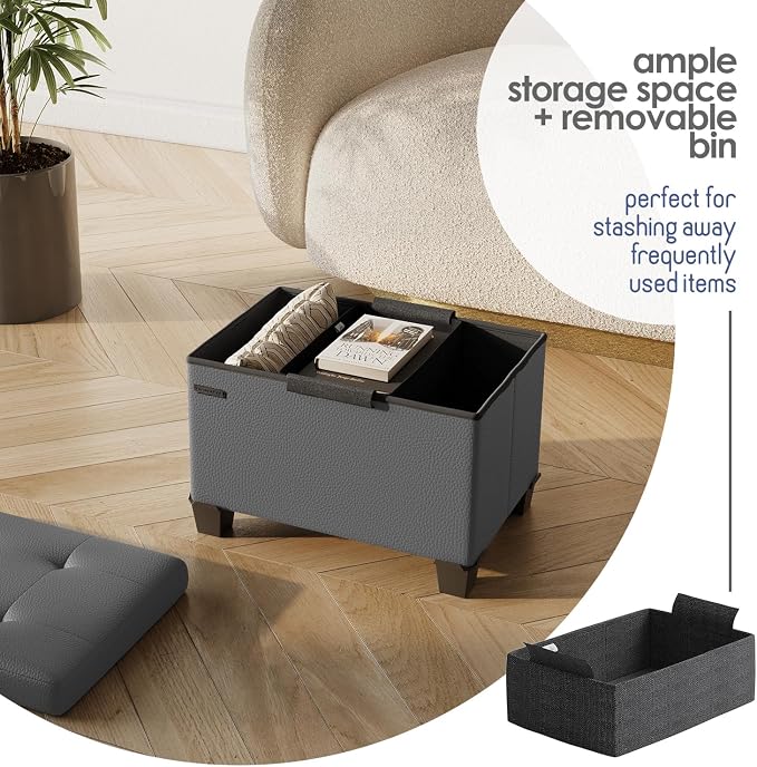 Storage Ottoman Cube with Small Bin, 16-in Square Ottoman with Storage for Living Room and Bedroom, Small Ottomans Foot Rest, Leather Foot Stools Ottomans Max 330lbs, Grey - Image 3