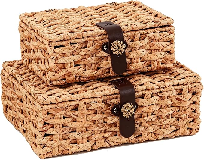 Set of 2 Water Hyacinth Wicker Storage Baskets with Lid | Rectangular woven decorative bins for shelf desktop home organization decor by Divtada