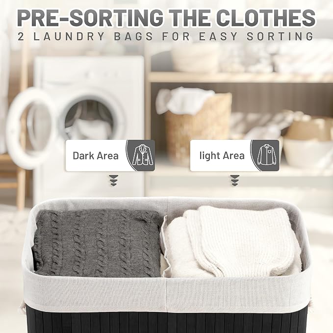 Aliphon 100L Laundry Hamper with lid, 2-Section Clothes Laundry Basket with Handles, Large Collapsible Bamboo Baskets for Bedroom, Bathroom, Dorm, Ink Black - Image 3