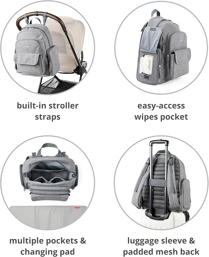 Skip Hop Diaper Bag Backpack with Portable Changing Pad, 9 Total Pockets, Easy-Access Wipes Pocket, Zippered Side Pocket, Luggage Sleeve & Stroller Straps, Fits a 15” Laptop, Luna, Sage - Image 3