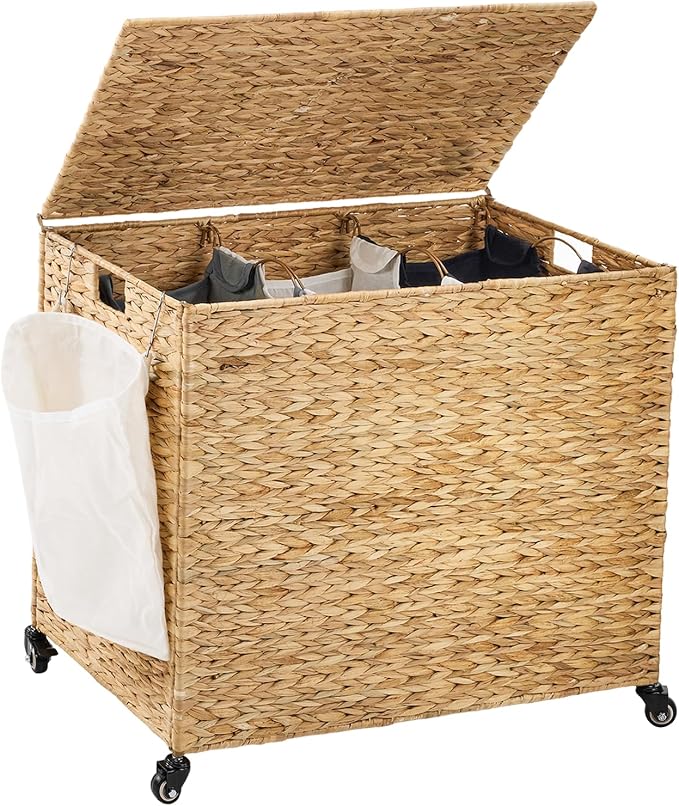 Laundry Hamper with Wheels, 52.8 Gallon(200L) Water Hyacinth Laundry Basket with Lid, 3-Section Wicker Clothes Hamper with 3 Removable Liners, Laundry Sorter with Side Pocket, Natural by ZeeingHom
