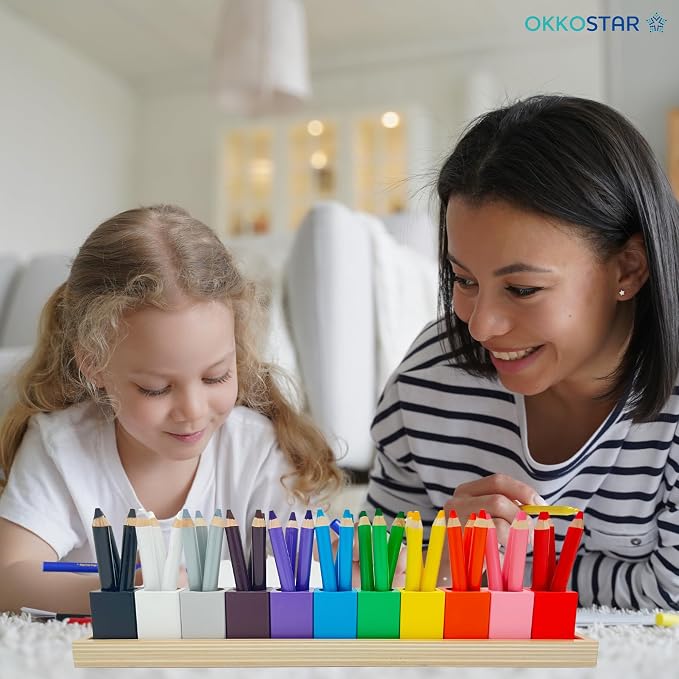Montessori Crayon Holder for Kids - Craft Supply Organizer - Classroom Storage Caddy Case - Perfect for Colored Pencils [Crayons or Pencils NOT Included] (Standard) | Color Sorting Caddy, 11 Beechwood Cups Plus 8 Stencils, Holds Crayons Pencils Markers... - Image 9