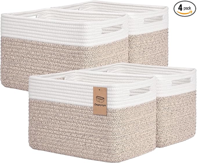 Storage Baskets for Organizing, 4 Pack Baskets for Shelves, Decorative Storage Bins for Shelves, Cotton Rope Storage Basket with Handles, Woven Basket for Storage, 13''Lx8.7''Wx7.9''H, White & Brown by Degeyoyo