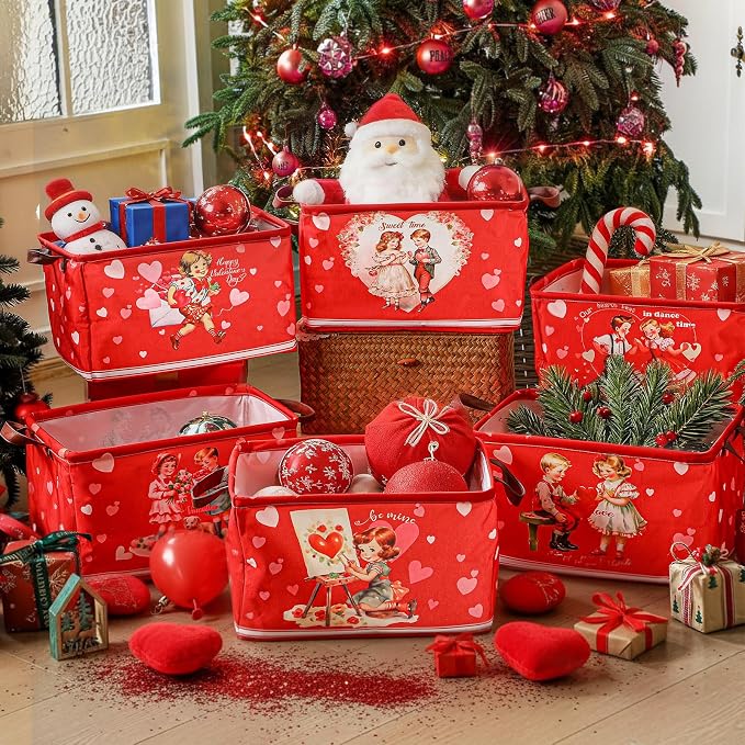 CHENGU 6 Pack Valentine's Day Storage Basket Vintage Valentine's Day Basket for Gift Collapsible Red Heart Holiday Decor Retro Large Bin Foldable Waterproof Box with Handle for Bedroom Laundry Nursery - Image 7
