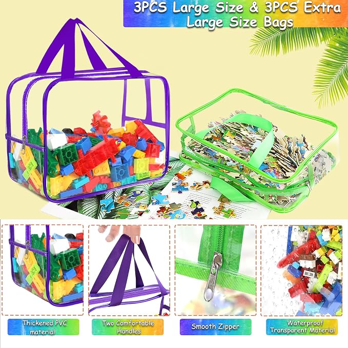 6 Colors Large Toy Storage Bags with Labels, Reusable Clear PVC Board Game Storage, Travel Waterproof Organizer Bags with Zipper for Building Blocks, Puzzle, Kids Books(3 large & 3 Widen X-Large) - Image 3