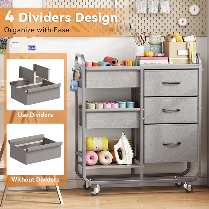KINGRACK Baby Diaper Caddy Organizer and Storage Cart with Cloth Drawers | 3 Tier Metal Rolling Cart, 2-in-1 Large Capacity Mobile Utility Cart for Nursery, Bedroom, Changing Table & Crib - Image 6