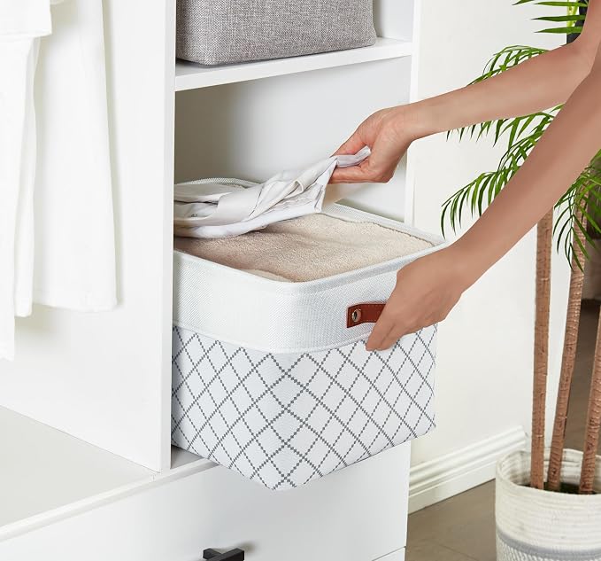 DECOMOMO Storage Bins, Large Fabric Storage Baskets for Shelves 3 Pack | 15 x 11 x 9.5 inches Decorative Linen Closet Organizers with Handles (Checkered White) - Image 6