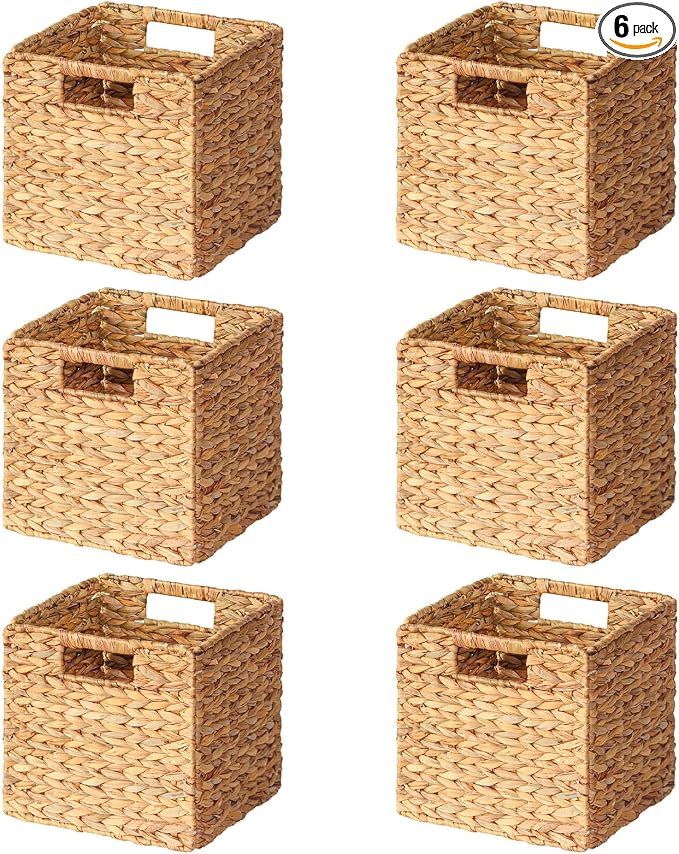 SpaceAid 6 Pack Wicker Basket, Storage Baskets for Organizing, Woven Rattan Basket with Handles for Shelves, Water Hyacinth Large Cube Organizer Storage Bin, 10.5x10.5x10.5 inch, Natural by SpaceAid