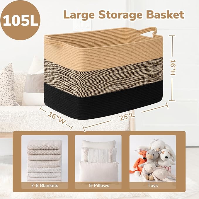 Goodpick 105L Extra Large Woven Rope Blanket Basket, Rectangle, Black Jute | 25'' x 16'' x 16'' Storage Basket for Blankets, Pillows & Toys, Living Room & Bedroom Organization, Reinforced Handles - Image 3