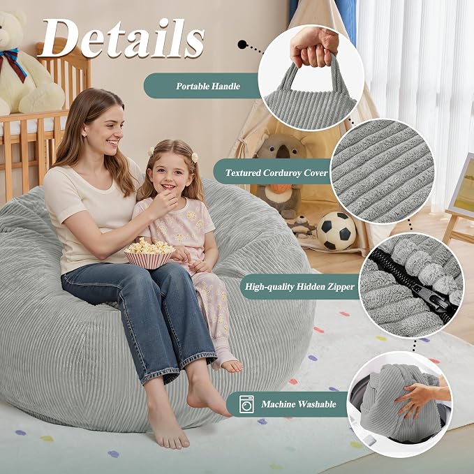 5FT Bean Bag Chair for Adults,Gaint Teardrop Beanbag with Filler | Beanbag Chair with Memory Foam Filled,Bean Bags with Handy Handle&Machine Washable Cover for Living Room,Bedroom-Light Grey - Image 5