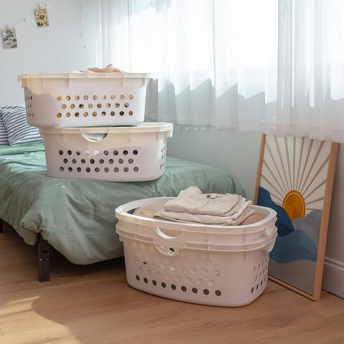IRIS USA Laundry Basket, 51L Plastic Hip Hold Hamper, 4 Pack, 1.5 Bushel | Comfortable hip-hold handles and ventilated design make transporting clothes, towels, and linens easier. - Image 2