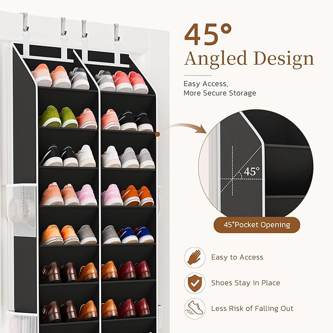 Over the Door Shoe Organizer, 20-30 Pairs Heavy-Duty Hanging Shoe Storage with Large Pockets, 10-Tier Door Shoe Rack with 4 Hooks for Sneakers Sandals Heels Boots (Black) - Image 5