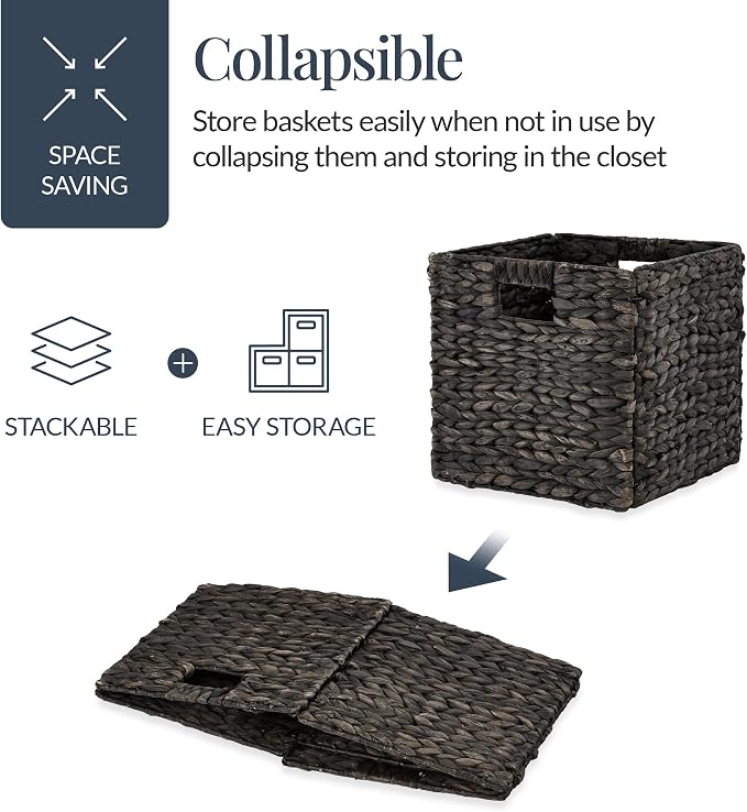 Best Choice Products 12x12in Pack of 5 Cube Storage Baskets, Water Hyacinth Multipurpose Collapsible Organizers, Handwoven Laundry Totes for Laundry, Living Room, Kids Room & Nursery - Black - Image 3
