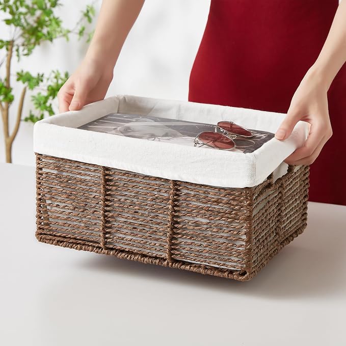 Wicker Storage Basket, 6 Pack Baskets for Organizing, Wicker Baskets with Handle, Rectangular Woven Basket for Storage Shelves, Cube Storage Bins for Closet/Clothes/Dresser, Brown - Image 3