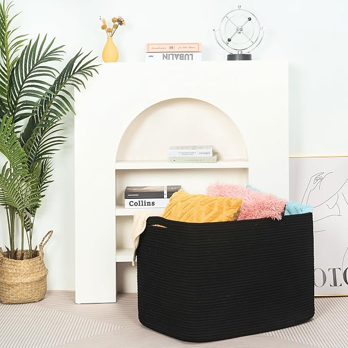 112L Extra Large Blanket Basket Holder Living Room, 25"x17"x16" Rectangle Rope Woven Storage Basket with Handles for Laundry, Pool Towels, Shoes, Dog Toy Organizer Bin Box, Black - Image 6