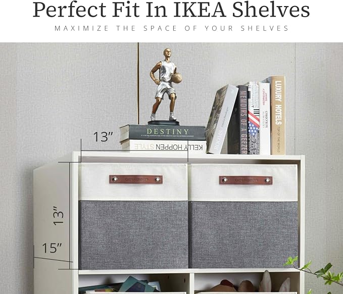 DECOMOMO Kallax Storage Cubes, Storage Baskets for Shelves 4-Pack | 13 x 15 x 13 Storage Bins, Baskets for Organizing Shelves (Grey & White) - Image 2