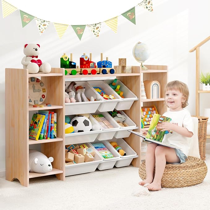 MallBest 57" Extra Wide Toy Storage Organizer and Kids Bookshelf, Solid Pine Wood Frame Playroom Organizer with 9 Bins, 4-Tier Toy Organizer for Kids Room, Nursery and Bedroom, Natural - Image 2