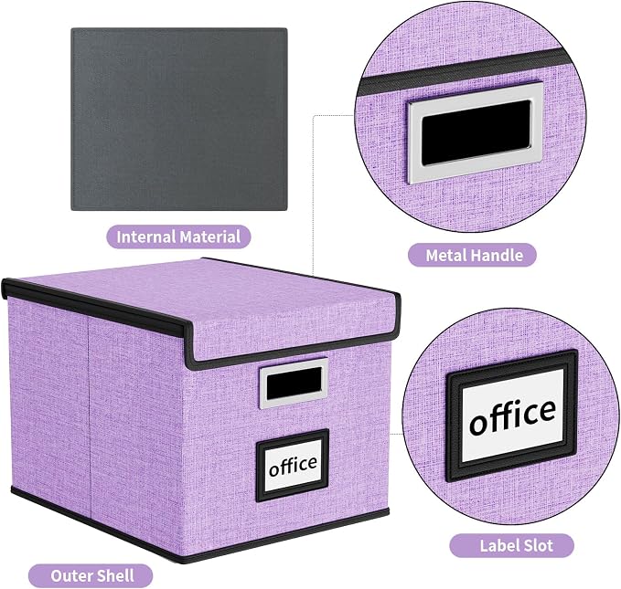 File Organizer Box with Lids, Collapsible File Folder Organizer | File Box with Plastic Slides for Document, Filing Bin for Letter Size Hanging File Folders (2 Pack, Dark Lavender) - Image 4