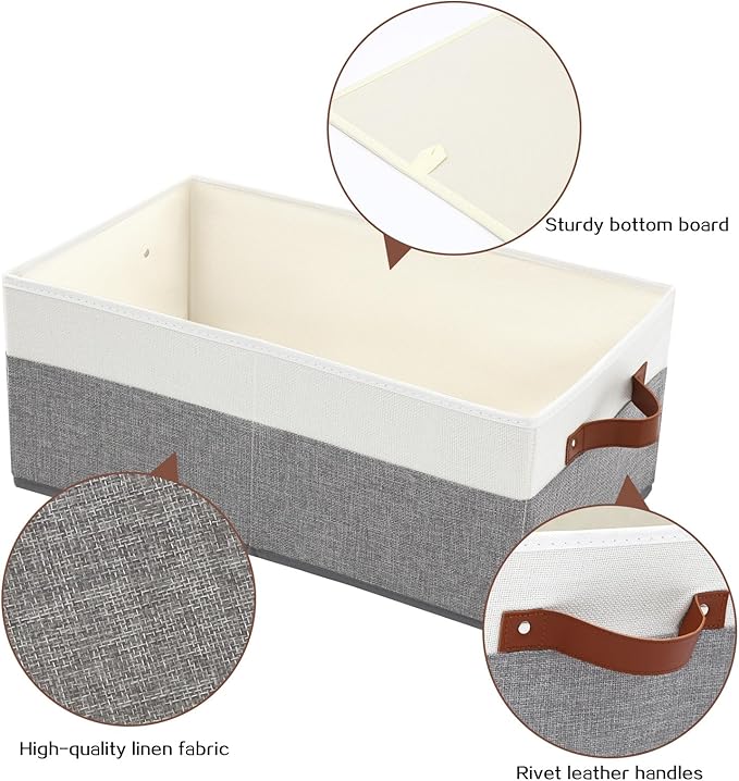 3 Pack Large Capacity Storage Bins Closet Organizer for Shelves | Fabric Closet Storage Baskets Boxes with Leather Handles for Organizing Clothes, Sheets, Jeans, Toys, Books (Grey) - Image 4