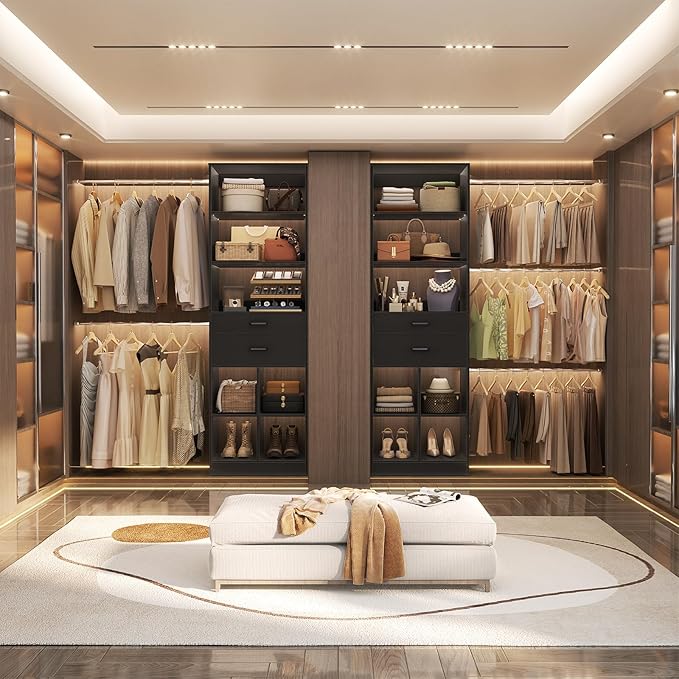 Besiost Closet System, 4-8 FT Closet Organizer Tower with 2 Wooden Drawers and Shelves, Can Fit 60 to 96 inch Walk-in Closet System with 5 Hang Rods, Built-in, Black - Image 5