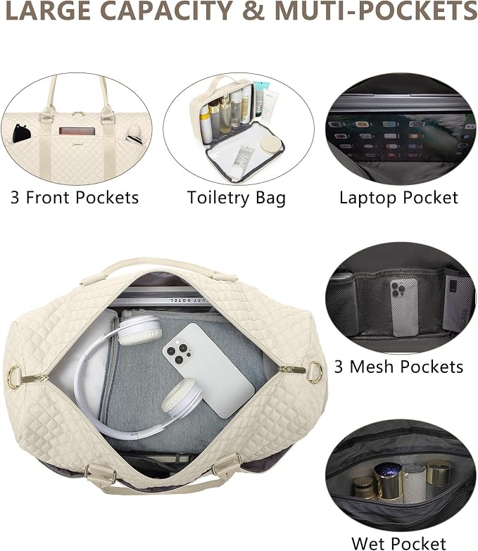 Women Weekender Travel Duffle Bag: Travel Duffel Overnight Bags with Shoe Compartment Large Carry on Tote with Toiletry Bag Weekend Traveling Yoga Gym Hospital Bag for Women with Wet Pocket Beige - Image 4