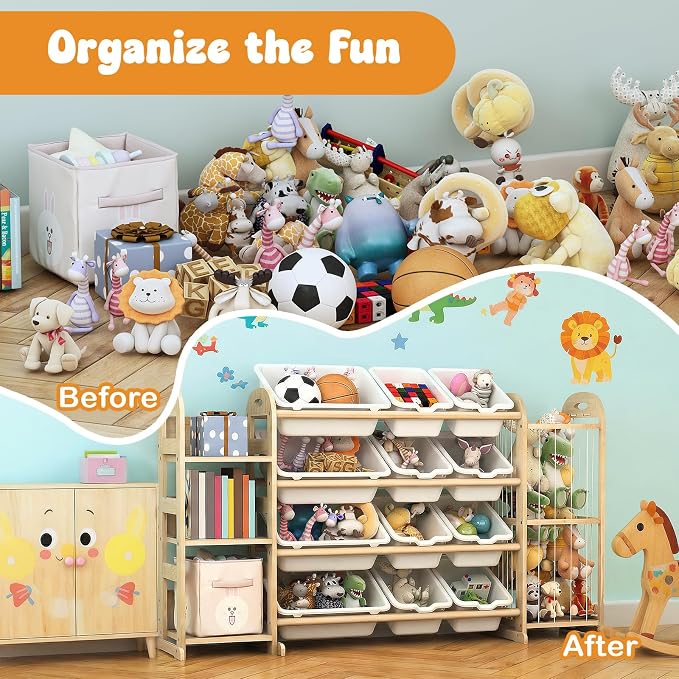 Kids Toy Storage Organizer, Toy Organizers and Storage with Stuffed Animal Storage, Toy Storage Shelf with 3 Shelves, 12 Storage Bins, Kids Bookshelf, Toy Holder for Playrooms, Bedrooms, White - Image 4