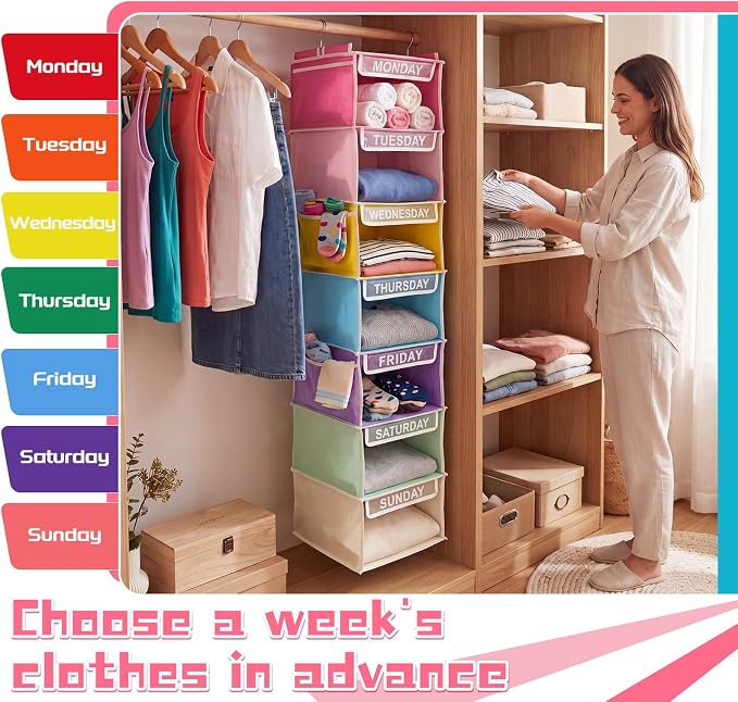2 Pcs 7 Shelf Weekly Clothes Organizer for Kids Hanging Closet Organizer 11. 8 x 11. 8 x 50 Inch Daily Activity Kids Clothes Storage Drawers Cube Drawers Closet Hanging Shelves (Pastel Color) - Image 6