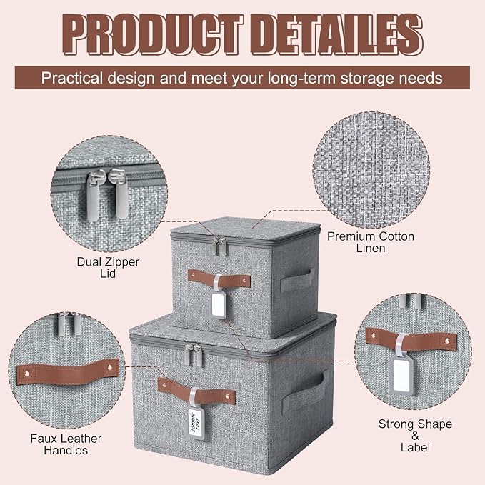 6 Pack 15 Inch Fabric Closet Storage Bins with Lids, 15x10x10In Large Foldable Cotton Linen Storage Cubes Boxes with PU Handle & Label Holder for Bedroom Organization, Shelf, Nursery, Gray - Image 3