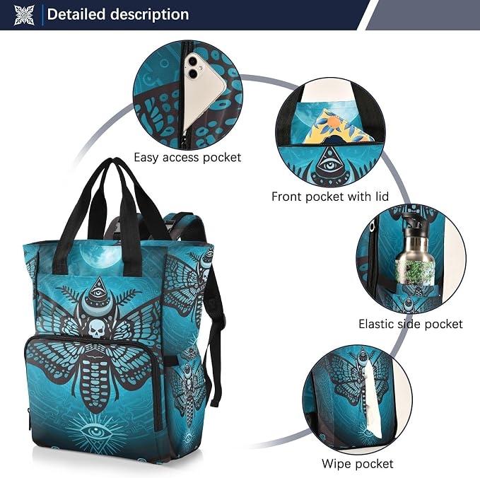 MNSRUU Diaper Bag Skull Butterfly Diaper Bag Backpack Multifunction Travel Diaper Bag Tote Large Capacity Diaper Changing Backpacks for Moms Dads - Image 2