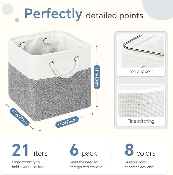 FinishingBo 11 inch Cube Storage Bin with Handles 6 Pack | Foldable Basket, Fabric Storage Bins, Closet Storage, Home Organizer (White/Grey) - Image 5