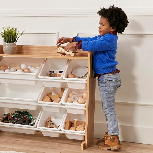 ECR4Kids 3-Tier Organizer with Shelf and 9 Bins, Toy Storage, Dark Natural/White | Durable plastic bins, MDF panels, steel frame, GREENGUARD Gold Certified, 36 lb capacity, anti-tip kit, playroom/classroom - Image 2