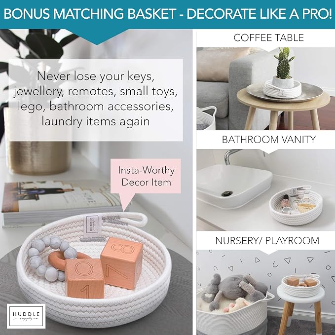 Huddle XXXLarge WASHABLE Blanket Basket for Living Room,Toys Storage, Baby | Woven Decorative Soft Cotton Rope Big Blanket Basket+Mini Basket for Nursery, Dog Toys, Storage, Organization Bins 22x14 Grey - Image 4