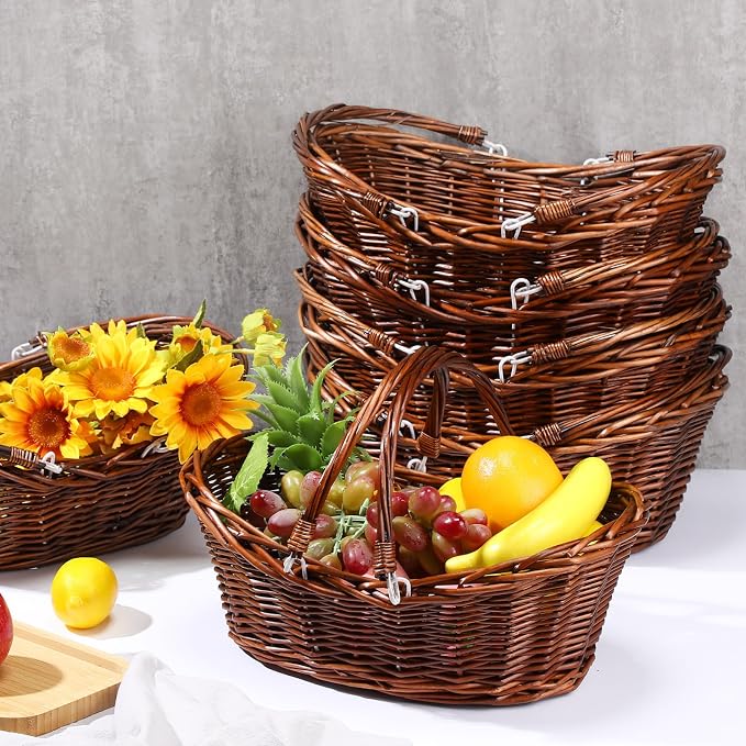 Wesiti 6 Pcs Wicker Picnic Basket with Handle, Hand Woven Harvest Basket Bulk, Wicker Flower Hoppet for Storage, Picnics, Easter, Organizing, Egg Gathering, Candy, Wedding(Dark Brown) - Image 3