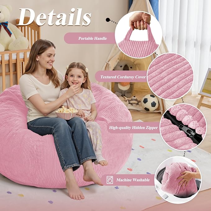 3FT Bean Bag Chair for Adults,3' Big Teardrop Beanbag with Filler | Beanbag Chair with Memory Foam Filled,Bean Bags with Handy Handle&Machine Washable Cover for Living Room,Bedroom-Light Pink - Image 5