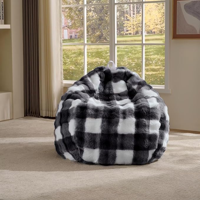 Fluffy Faux Rabbit Fur Bean Bag Chair Cover(No Filler),Cozy Shaggy Bubble Stuffed Animal Storage Large Bean Bag Cover for Bedroom Living Room,Fuzzy Bean Bag Cover Girls Teens Adult,Black/White by Animebody
