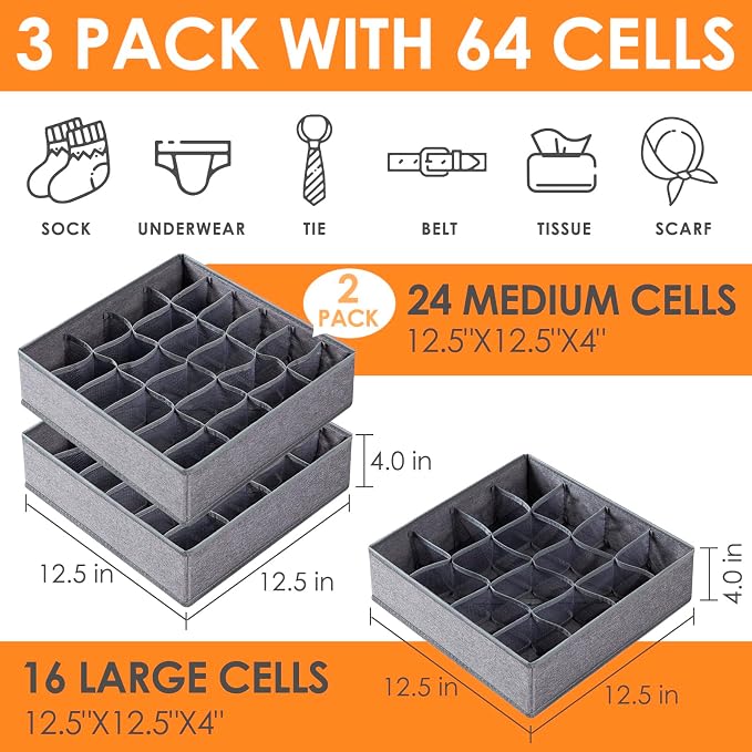 3 Pack Sock Underwear Drawer Organizer Dividers, 64 Cell Fabric Foldable Dresser Organizer for Closet Organizers and Storage Boxes for Organizing Socks, Underwear, Ties (16+24+24 Cell, Gray) - Image 2