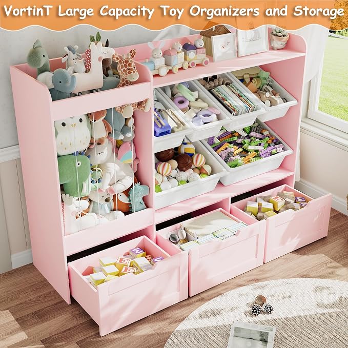 VontinT 50.6" W Wooden Toy Organizer with Stuffed Storage & Bins & Drawers | Large Storage Cabinet with 6 Plastic Bins, 3 Rolling Drawers, 140L Stuffed Animal Zoo, Toddler Shelf for Kids Playroom, Pink - Image 4