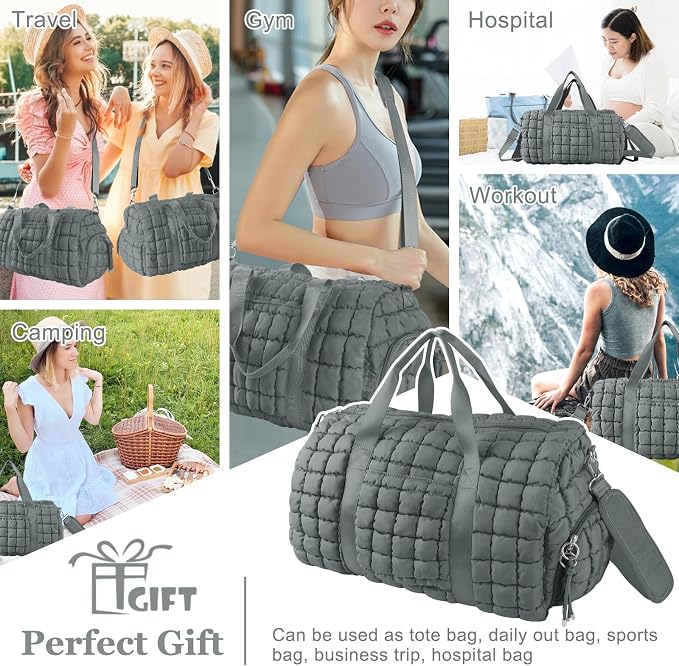 Quilted Travel Duffle Bag Gym Bag for Women,Large Puffer Duffle Weekender Bag with Compartment,Workout Overnight Carry on Organizer Bag Duffle Bag for Airplane Travel(L-Grey) - Image 7