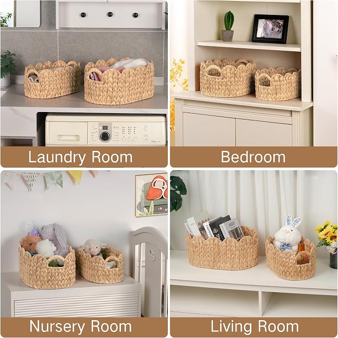 iEGrow Scalloped Wicker Basket, Set of 2 Hand-Woven Natural Rattan Baskets with Built-in Handles, Water Hyacinth Storage Oval Cute Baby Baskets for Nursery, Organizing, Decor and Shelves - Image 7