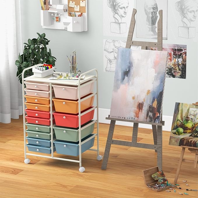 DREAMADE Rolling Cart with 15 Drawers, Rolling Drawer Organizer Cart w/Lockable Wheels, Removable & 2-Sized Storage Drawers, Art Cart for School Home Art Supplies Crafts File Scrapbook - Image 2