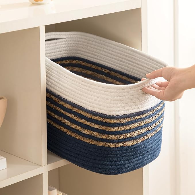 UBBCARE 2 Pack Baskets for Organizing, Woven Storage Baskets for Toys and Towel, Rectangle Cotton Rope Basket with Handles, 14''L x 8''W x9''H, Navy Blue - Image 7