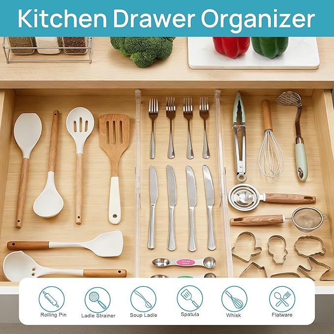 Vtopmart 8 Pack Shallow Drawer Dividers, 2.36" High 12.5"-20.8" Adjustable Expandable Kitchen Drawer Organizer, Clear Plastic Organizer Separators for Flatware, Utensil, Cutlery, Underwear, Clothes | Expandable Kitchen Drawer Organizer, Clear Plastic O... - Image 4
